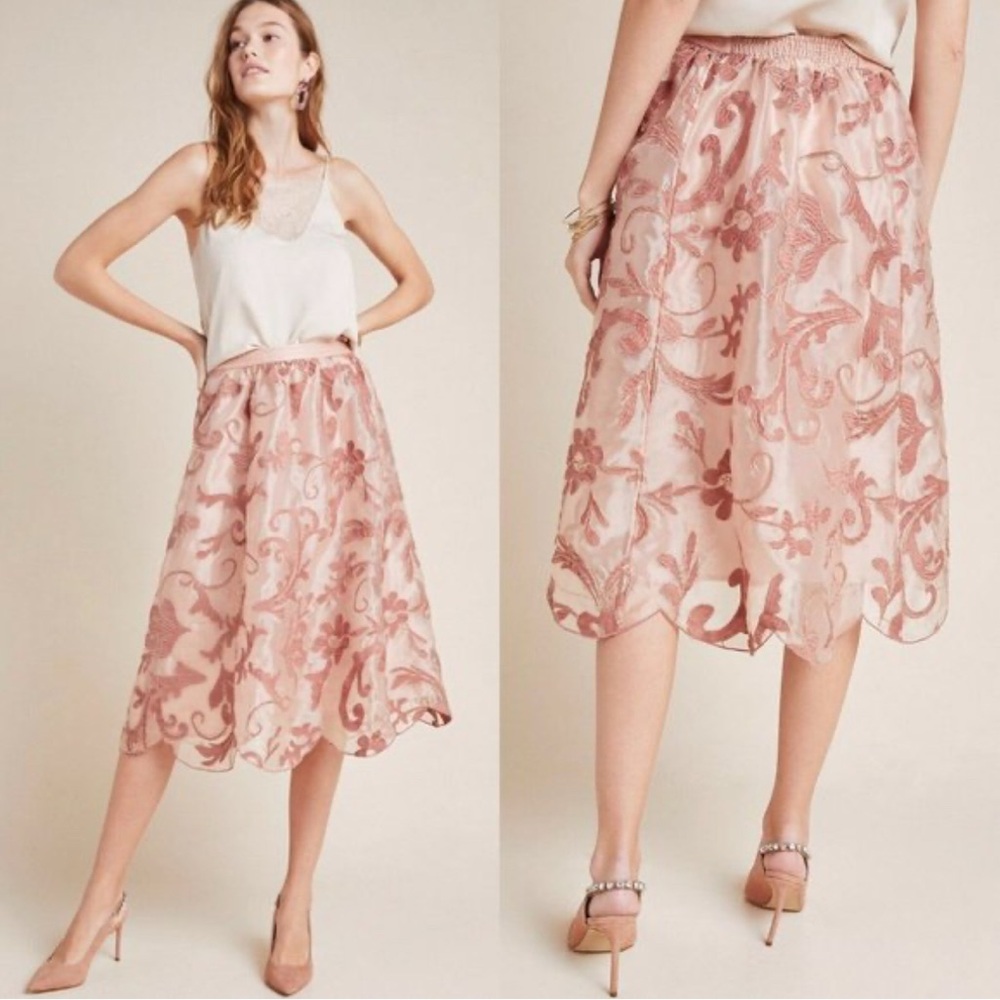 Maeve Blush Floral Embroidered Midi Skirt (A)